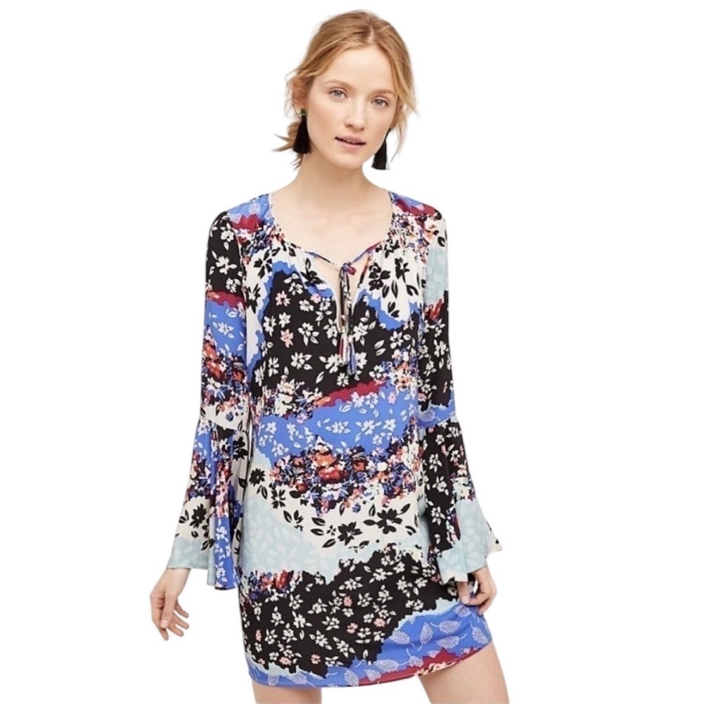 Yumi Kim Leta Silk Floral Multicolored Tassels Ruffle Bell Long Sleeve Dress M